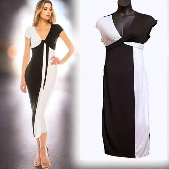 Black & White Colorblock Wrap Tie Midi Dress Size XXL NEW - Picture 2 of 9